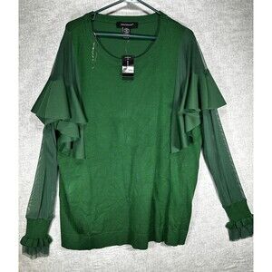 NWT Ashley Stewart Womens Plus Size 22/24 Green Ruffle Mesh Sleeves Sweater